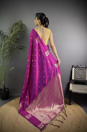 Purple lichi silk blend flower zari weaving banarasi saree