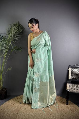 Sea green lichi blend silk flower zari weaving banarasi saree