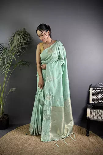 Sea green lichi blend silk flower zari weaving banarasi saree