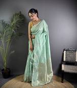 Sea green lichi blend silk flower zari weaving banarasi saree