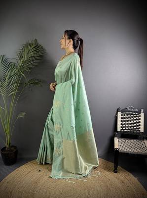 Sea green lichi blend silk flower zari weaving banarasi saree 2