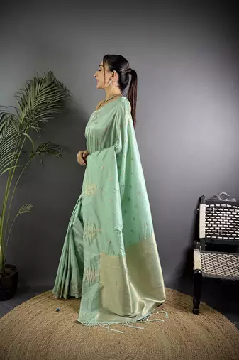 Sea green lichi blend silk flower zari weaving banarasi saree