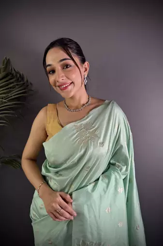 Sea green lichi blend silk flower zari weaving banarasi saree