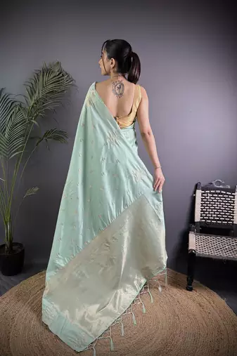 Sea green lichi blend silk flower zari weaving banarasi saree