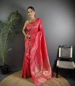 Pink lichi blend silk flower zari weaving banarasi saree