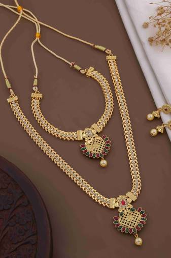 Traditional gold plated peacock design temple jewellery set with earrings for women