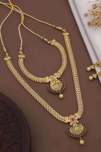 Traditional gold plated peacock design temple jewellery set with earrings for women