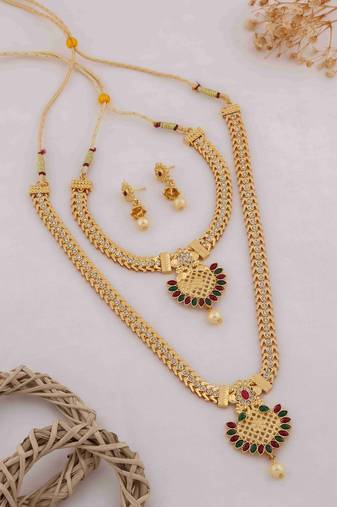 Traditional gold plated peacock design temple jewellery set with earrings for women