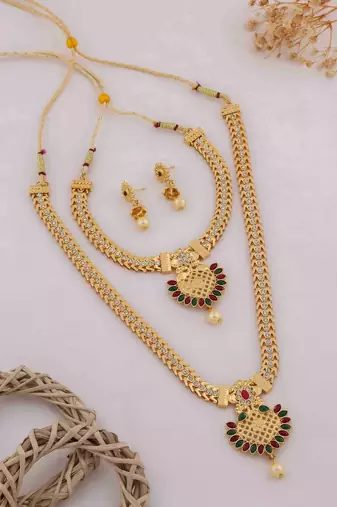 Traditional gold plated peacock design temple jewellery set with earrings for women