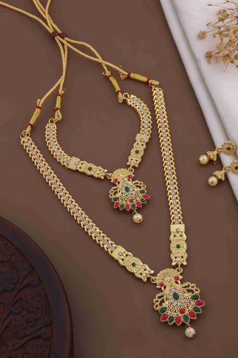 Traditional gold plated peacock design temple jewellery set with earrings for women