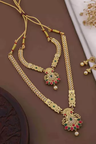 Traditional gold plated peacock design temple jewellery set with earrings for women