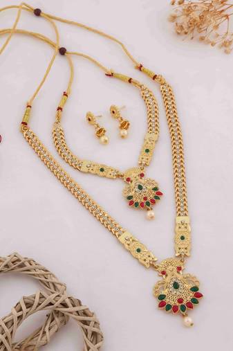 Traditional gold plated peacock design temple jewellery set with earrings for women