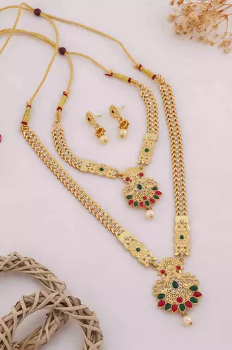 Traditional gold plated peacock design temple jewellery set with earrings for women