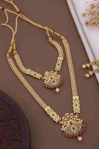 Traditional gold plated peacock design temple jewellery set with earrings for women