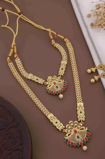 Traditional gold plated peacock design temple jewellery set with earrings for women