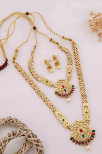 Traditional gold plated peacock design temple jewellery set with earrings for women