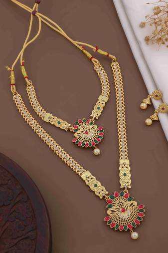 Traditional gold plated peacock design temple jewellery set with earrings for women