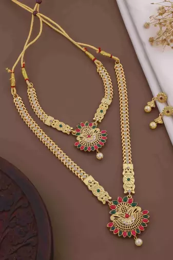 Traditional gold plated peacock design temple jewellery set with earrings for women