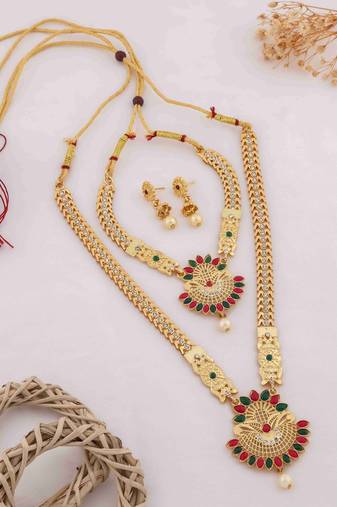 Traditional gold plated peacock design temple jewellery set with earrings for women