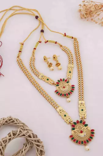 Traditional gold plated peacock design temple jewellery set with earrings for women