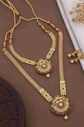 Traditional gold plated peacock design temple jewellery set with earrings for women