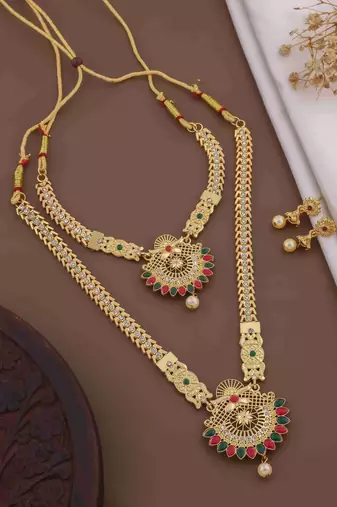 Traditional gold plated peacock design temple jewellery set with earrings for women