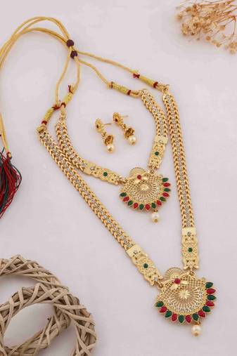 Traditional gold plated peacock design temple jewellery set with earrings for women