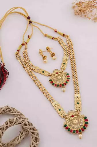 Traditional gold plated peacock design temple jewellery set with earrings for women