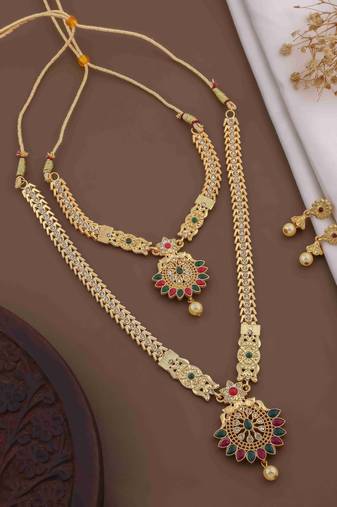 Traditional gold plated peacock design temple jewellery set with earrings for women