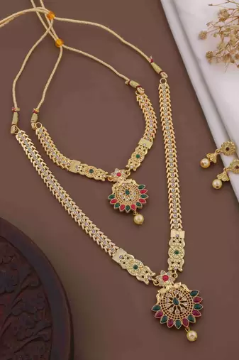Traditional gold plated peacock design temple jewellery set with earrings for women