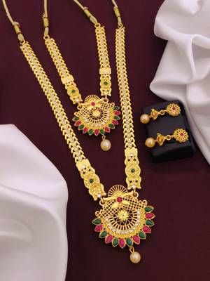 Traditional gold plated peacock design temple jewellery set with earrings for women 3