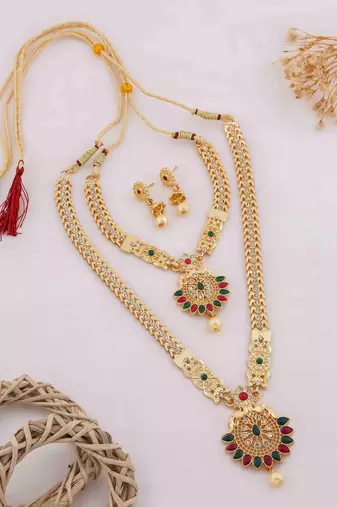 Traditional gold plated peacock design temple jewellery set with earrings for women
