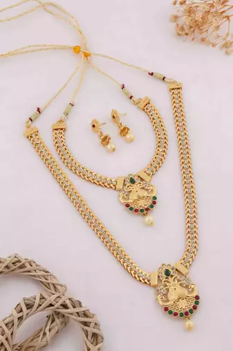 Traditional gold plated peacock design temple jewellery set with earrings for women