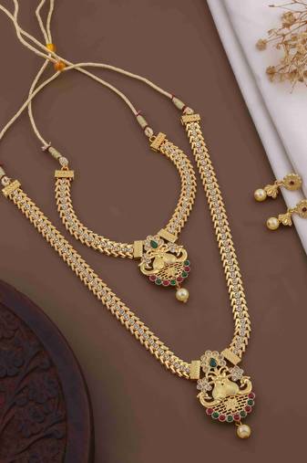 Traditional gold plated peacock design temple jewellery set with earrings for women