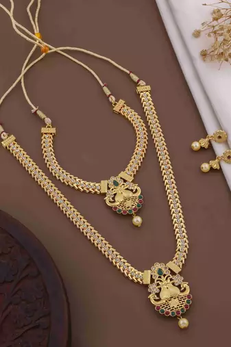 Traditional gold plated peacock design temple jewellery set with earrings for women