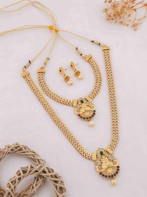 Traditional gold plated peacock design temple jewellery set with earrings for women 2
