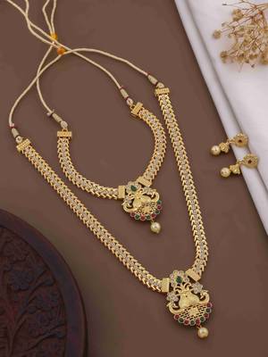 Traditional gold plated peacock design temple jewellery set with earrings for women 2