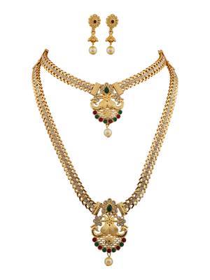 Traditional gold plated peacock design temple jewellery set with earrings for women 5