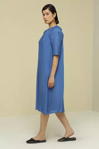 Blue plain linen maxi dress