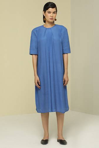 Blue plain linen maxi dress