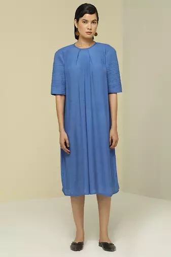 Blue plain linen maxi dress