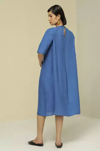 Blue plain linen maxi dress