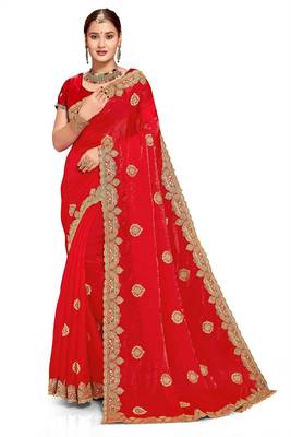 Red zari embroidery hot fix siroski work fendy silk blend party wear saree with blouse 1