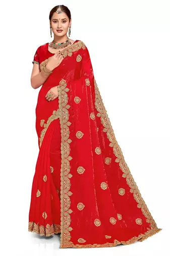Red color zari embroidery hot fix siroski work fendy silk party wear saree with blouse