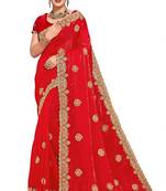 Red color zari embroidery hot fix siroski work fendy silk party wear saree with blouse