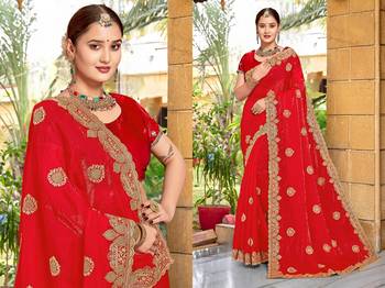 Red zari embroidery hot fix siroski work fendy silk blend party wear saree with blouse 3