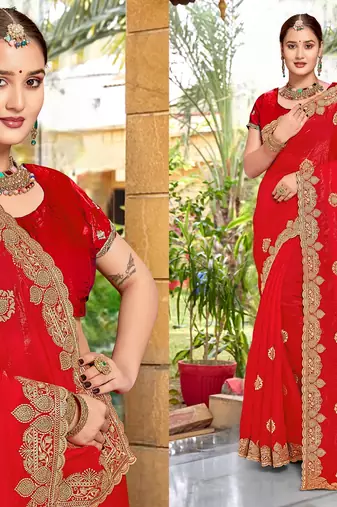 Red color zari embroidery hot fix siroski work fendy silk blend party wear saree with blouse