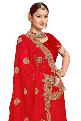 Red zari embroidery hot fix siroski work fendy silk blend party wear saree with blouse 4