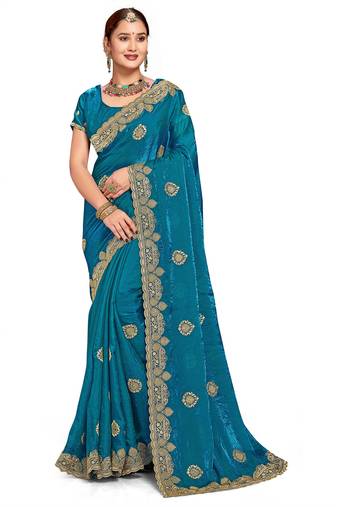 Sky blued color zari embroidery hot fix siroski work fendy silk party wear saree with blouse