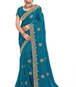 Sky blued color zari embroidery hot fix siroski work fendy silk party wear saree with blouse